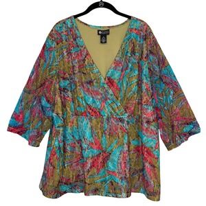 Maggie‎ Barnes Womens Blouse Multicolor 3X Floral Lace Metallic Faux Wrap Top